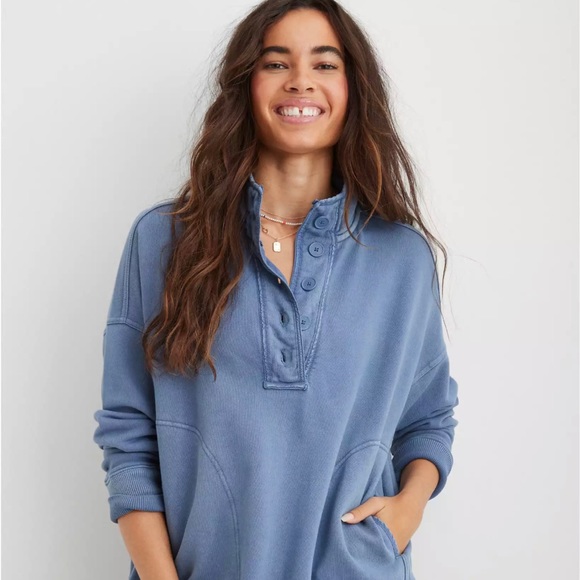 Aerie blue crew neck sweater with buttons down the neck. New, clean condition - Picture 5 of 5